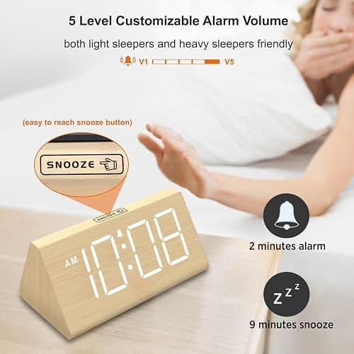 DreamSky Wooden Digital Alarm Clock for Bedroom - RGB Electric Desk Clock with Large Numbers, USB Port, Loud Alarm for Heavy Sleepers, Dimmer and Volume Control, Snooze, Wood Décor, Adapter Powered thumbnail 7