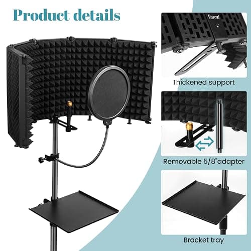 Microphone Stand With Isolation Shield,Recording Studio Equipment With Pop Filter,Tripod Stand, Foldable Mic Shield With Sound Insulation For Recording Studio, Podcasts,Broadcasting thumbnail 3
