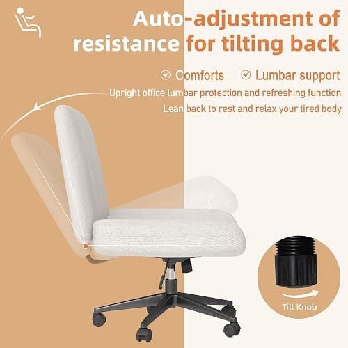 Shintenchi Criss Cross Chair,Cross Legged Office Seat with Wheels Armless Swivel Vanity Chair,Height Adjustable Wide Computer Task Seating for Home Office,Beige thumbnail 6