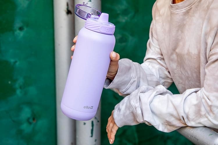 Ello Cooper 32oz Stainless Steel Water Bottle with Straw and Carry Handle, Double Walled and Vacuum Insulated Metal, Leak Proof Locking Lid with Soft Silicone Spout, Reusable, BPA Free, Lilac thumbnail 2