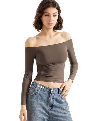 SUUKSESS Women Off Shoulder Double Lined Long Sleeve Shirts Basic Going Out Tops - Image 1