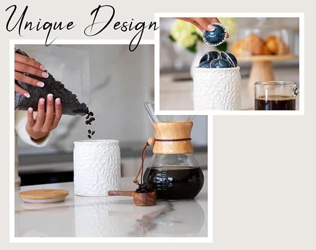 Small Engraved Ceramic Kitchen Canister - Storage Jars with Airtight Lids Made from Bamboo with Nature-Inspired Engraving - Use as a Pasta Holder, Coffee Ground Holder, Rice Container - 30 Ounces thumbnail 4