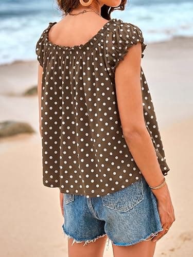 Tankaneo Women Summer Tie Front Tank Tops Cap Sleeve Babydoll Flowy Tops | Pleated Shirt,Casual Loose Fit,Polka Dot,Peplum,Going Out,Cute Boho thumbnail 4