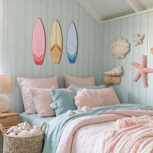 RattanView 3 Pieces Surfboard Decor for Bedroom Wooden Beach Wall Decor Summer Wood Surfboard Wall Hanging Sign for Tropical Living Room Decoration(Watercolor, Yellow, Blue, Pink) thumbnail 6