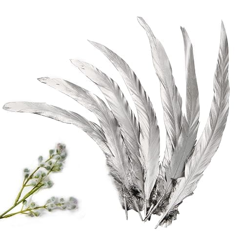 THARAHT 50PCS Rooster Coque Tail Feathers Bulk Natural 12-14Inch 30-35cm for Crafting Wedding Gras Masquerade Party Performances DIY Decoration Rooster Tail Feather,Silver thumbnail 2