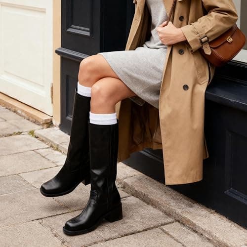 Gothictor Women's Banana Knee High Boots Square Toe Chunky Block Heel Comfortable Low Heel Pull on Wide Calf Riding Long Boots for Women thumbnail 2