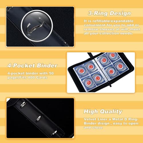 Jravkfi Card Binder 4 Pocket with 50 Removable Sleeves-Can Hold 400 Cards,3-Ring Zipper Sports Book is Gifts for Boys and Girls（Black） thumbnail 5