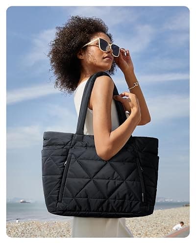 BAGSMART Tote Bag for Women, Puffy Tote Bag with Zipper, Large Quilted Shoulder Bag with Compartments for Travel, Work, Gym thumbnail 2