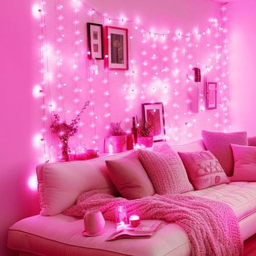 Minetom Curtain Lights, 300 LED Dimmable Fairy Lights with Remote and Timer, 8 Modes, USB Powered String Lights for Room Wall Party Xmas Indoor Decor, Pink thumbnail 6