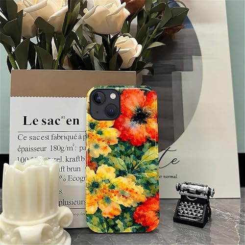 OURZPO Case Compatible with iPhone 15,Double Layer Protection, Matte Finish, Anti-Drop and Anti-Fingerprint Armor -Yellow and Red Watercolor Flowers thumbnail 5