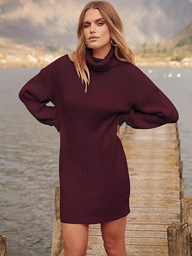 ANRABESS Women Oversized Sweater Dress Turtleneck Batwing Long Sleeve Ribbed Knit Loose 2025 Fall Winter Casual Short Dress thumbnail 6