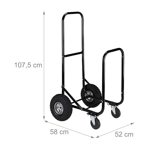 Relaxdays Chariot pour bûches en Bois, en Acier, 107,5 x 52 x 58 cm, sur 2 Roues et 2 roulettes, capacité de 60 kg, Noir thumbnail 3