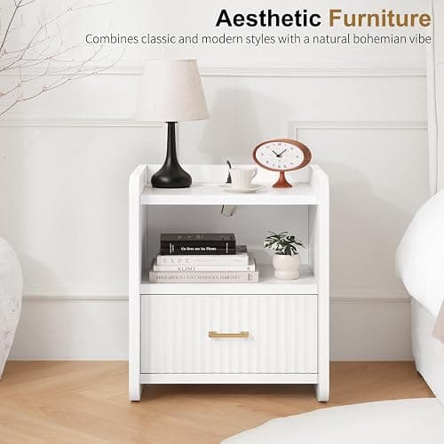 Curlaky Night Stand with Charger Station, Fluted Wood Nightstand with Drawer Storage, Modern Bedside Table, Wide Nightstands for Bedroom, Mid Century Wooden Night Stands for Home Office Sofa Couch thumbnail 8