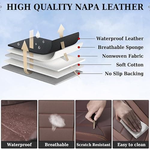Coverado Car Seat Covers Full Set, Nappa Leather Seat Covers for Cars, Car Seat Protector Car Seat Cushion, Front and Back Seat Protectors Cushions Universal Fit for Most Cars Vehicles(Brown) thumbnail 8