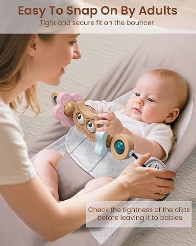 TinlyFinly Baby Bouncer Toy Bar Wooden Compatible with Baby Bjorn Bouncer, Bouncer Toy Attachment, Tight and Secure Fit, So Fun to Watch, Touch and Spin for Babies All Ages (Wood Color Owl) thumbnail 6