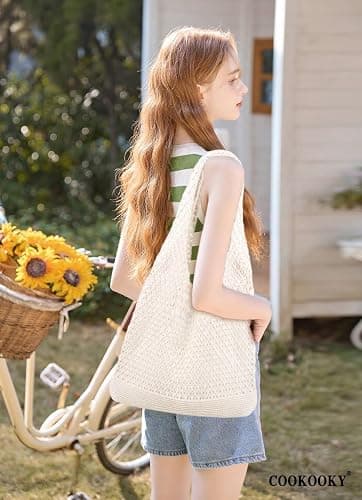 COOKOOKY Crochet Beach Tote bag Summer Beach Bag for Women Aesthetic Mesh Tote Bag Hippie Bag Knit Bag thumbnail 7
