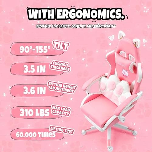 Vigosit Cat Ears PU Leather Gaming Chair Ergonomic Adjustable Office Desk Computer Chairs for Gamers Adults Kids 360 Degree Swivel Recliner 45in Height, Pink thumbnail 6