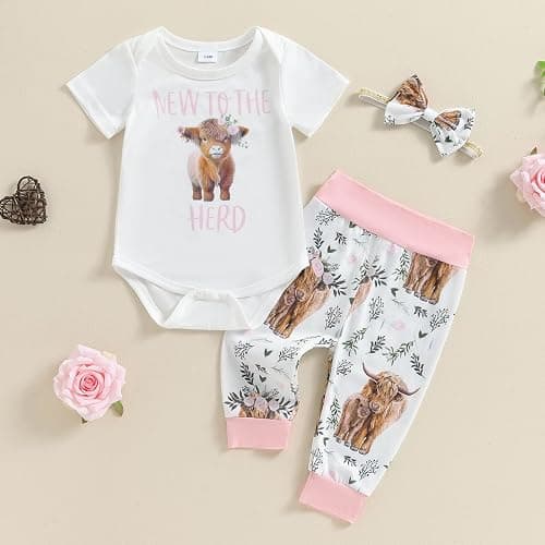 Lenjindjer Western Baby Girl Summer Outfit New to The Herd Short Sleeve Romper Highland Cow Pants 3Pcs Coming Home Outfit thumbnail 7