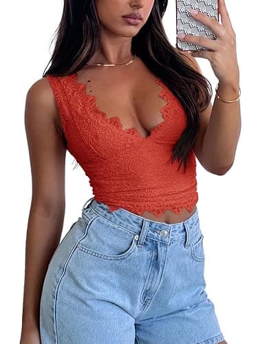 REORIA Womens Sexy V-Neck Sleeveless Double Lined Going Out Y2K Trendy Lace Cropped Tank Tops thumbnail 4