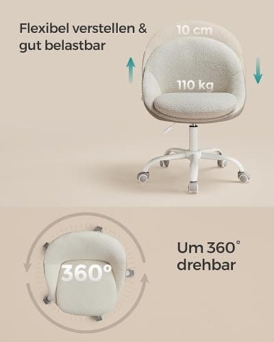 SONGMICS Homeoffice Stuhl, Schminkstuhl aus Sherpa, Schreibtischstuhl, Schaumstoffpolsterung, höhenverstellbar, für Arbeitszimmer, Schlafzimmer, cappuccinobeige-wolkenweiß OBG020W01 thumbnail 7