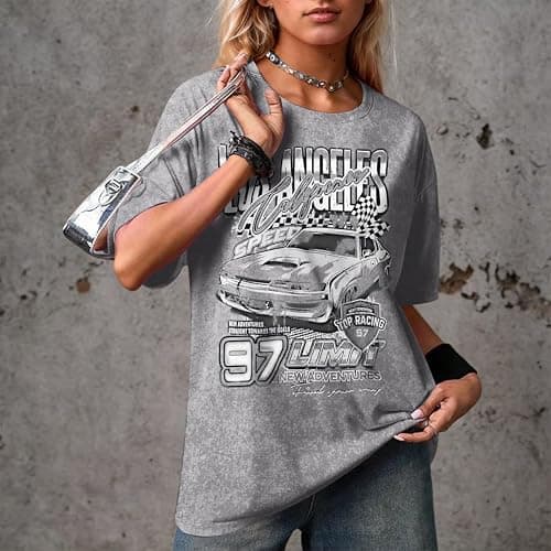 Pairxily Oversized Graphic Tees for Women Baggy Streetwear Preppy Shirts for Teens Race Car Checkered Flag Drop Shoulder Top thumbnail 3