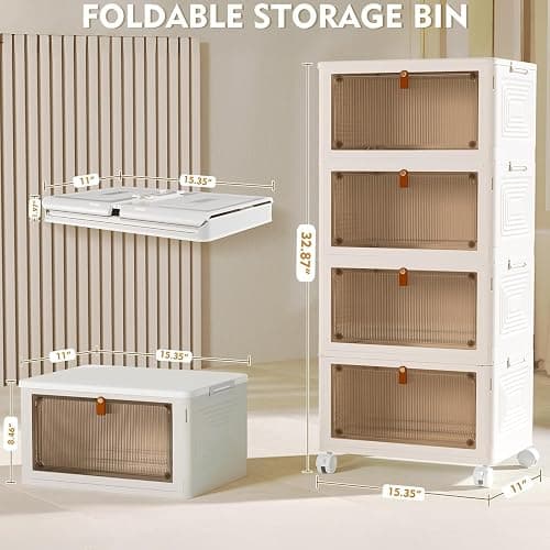 YFXCVSL 4 Tier Plastic Storage Bins with Lid 23QT, Stackable Storage Containers with Wheels, Folding Storage Boxes, Stackable Storage Bins, Organizers and Storage for Living Room,Office,Dorm thumbnail 2