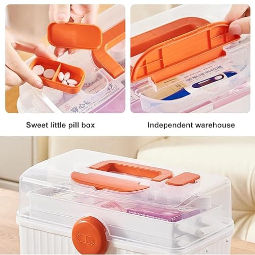 MC MEICHUANG Plastic Family First Box Aid, 3 Layers Portable Medicine Storage Container, Empty Emergency Medical Organizer with Handle for Family, Office and Travel (White-Orange-Clear) - White-Orange-Clear thumbnail 6