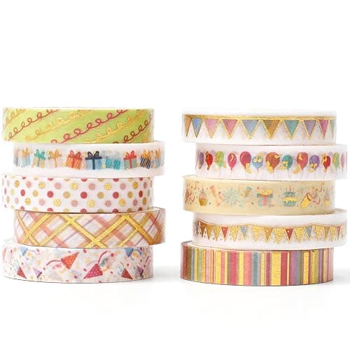 YUBBAEX 10 Rolls Sparkling Washi Tape Set 8mm Skinny Gold/Silver Foil Decorative Masking Washi Tapes for Bullet Journal,Scrapbook, Planner, DIY Crafts (Party Elements) thumbnail 2