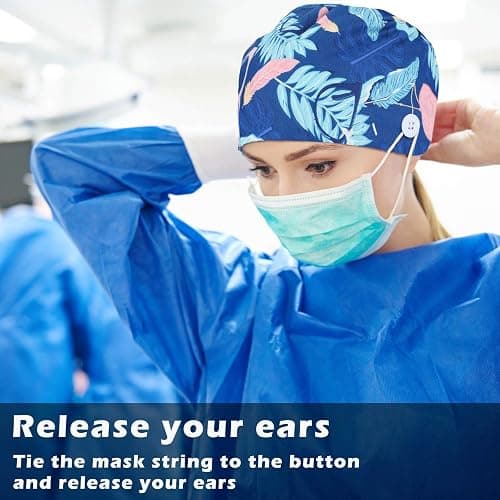 Honoson 6 Pcs Scrub Caps Women Nursing Hats with Buttons Adjustable Bouffant Nurse Hats Ponytail Holder Bouffant Turban - Fresh Patterns thumbnail 3