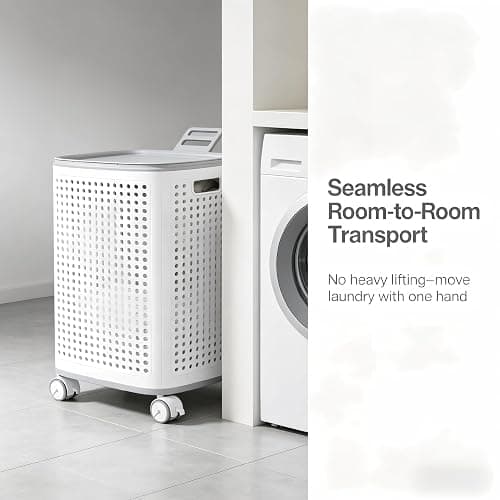 M.J COMFY-LIFE Laundry Basket with 360° Wheels and Lid Large Rolling Clothes Hamper with Built-in Storage Basket Ventilated Design for Laundry Room Bathroom Bedroom (Without Sidebar) thumbnail 6