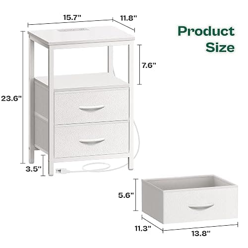 Huuger Night Stand with Charger Station and LED Lights, 2 Drawer Nightstand, Bed Side Table with Open Shelf, End Table, Fabric Dresser for Bedroom, PU Leather, White thumbnail 3