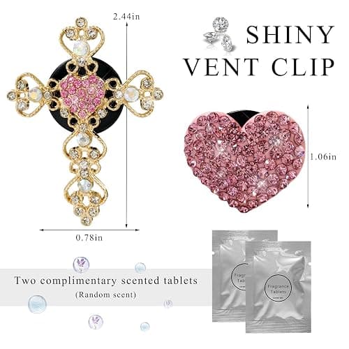 SHMZK 2 PCS Bling Car Vent Clip, Crystal Rhinestone Cross and Heart Car Air Fresheners Vent Clips, Diamond Car Air Conditioner Outlet Decoration Charm for Women, Car Accessories (Pink) thumbnail 2