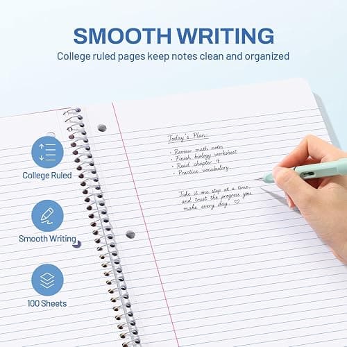 SUNEE Spiral Notebook, 1-Subject, College Ruled Paper, 8" x 10-1/2", 100 Sheets per Notebook, 3-Hole Punched Paper, Water Resistant Cover, Double-sided Pockets, Dark Blue thumbnail 5