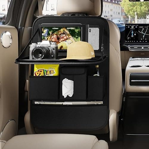 GMQ Back Seat Car Organizer 1 Pack,Backseat Organizer with Tray,Multifunctional Car Seat Back Storage Box with Foldable Tablet Holder (Black, Plain weave) - Image 1