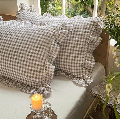 NSNLGSGC Tan Ruffled Plaid Gingham Standard Size Pillow Shams 20"x26", Set of 2 Taupe Checked Pre-Washed Microfiber Farmhouse Pillowcases for Bed/Sofa (20"x26", Tan Gingham) thumbnail 3
