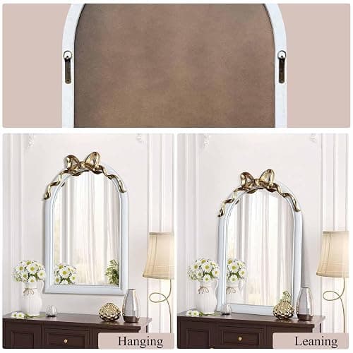 iyabat 36x24 Arched White Bow Wall Mirror with Gold Ribbon, Vintage Vanity Mirror for Bedroom & Nursery Decor, Cute Coquette Aesthetic Engineered Wood Frame, Shabby Chic Style thumbnail 7