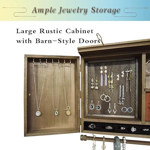 GLANT Rustic Wall Mounted Jewelry Organizer with Wooden Barndoor Decor， Wall Mount Holder,Jewelry holder for Necklaces, Earings, Bracelets，Ring Holder. Includes matching hook organizer (wood color) thumbnail 5