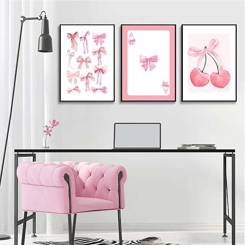 3Pcs Trendy Pink Bows Wall Art Preppy Watercolor Bows Canvas Posters Prints Girly Aesthetic Wall Decor Pictures for College Apartment Bedroom Decoration, Unframed 12x16in thumbnail 7