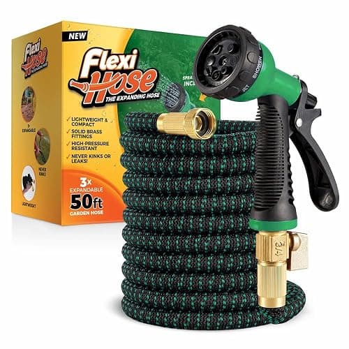 Flexi Hose with 8 Function Nozzle, 50FT - Lightweight Expandable Garden Hose, No-Kink Flexibility, 3/4 Inch Solid Brass Fittings and Double Latex Core - Black and Green - Image 1
