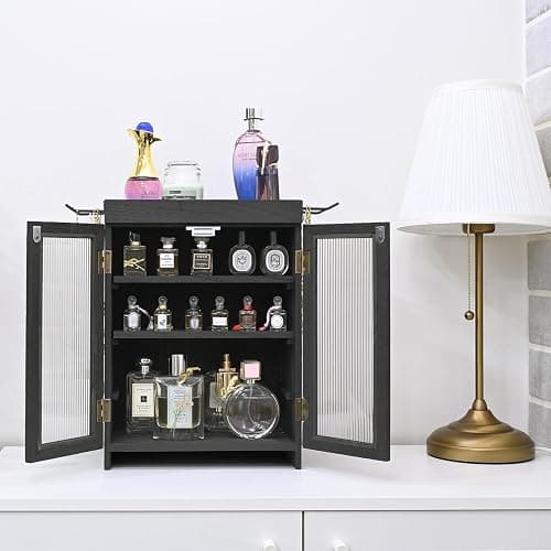 Ikee Design Wooden Countertop Storage Cabinet with Wavy Magnetic Door, Adjustable Shelves, Removable Hooks. Perfect for Perfume, Figurines, and Coffee Cups, Black Color, 10.4 W x 6.1 D x 14.4 H in thumbnail 7