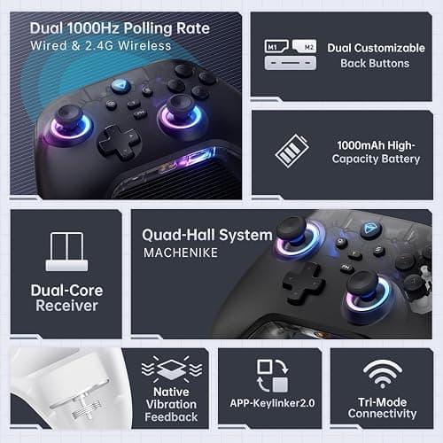 Machenike G3V2 Bluetooth Controller for Pc/Switch/Ios/Android, Hall Effect Joysticks, RGB Lighting Gaming Controller,2 Programmable Buttons,1000mah Battery With Charging Station, Black thumbnail 2