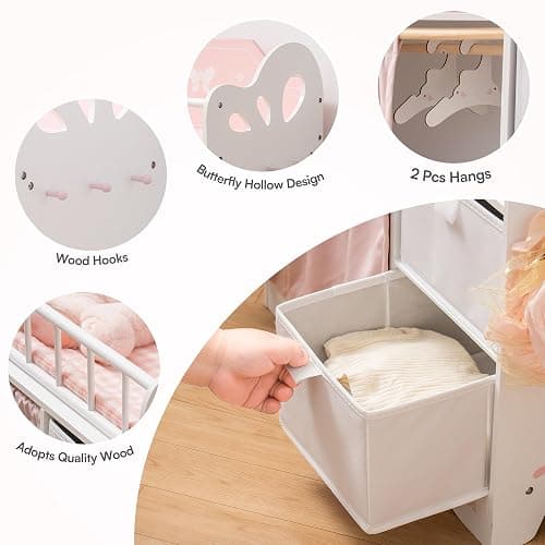 ROBUD Baby Doll Crib, Wooden Doll Bed with Storage and Bedding, of Toy Baby Crib to Kids, Pink Baby Doll Beds Suit for Dolls Under 22 Inches thumbnail 4