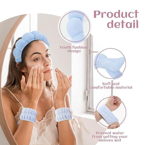 ATROCH Puffy Spa Headband & Wristband Set – Sponge Makeup & Skincare Headband for Washing Face, Cute Present for Teenage Girls, Teen Girl Gifts, and Self-Care Essentials for Women thumbnail 3
