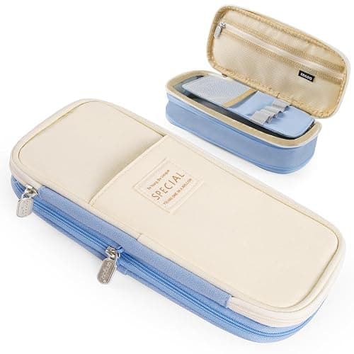 Koncci Large Pencil Case, Expandable Special Pencil Bag Double Zipper Blue | Stationery Storage Organizer Multiple Compartments Aesthetic Cute Pencil Pouch for School Office Kids Students - Image 1