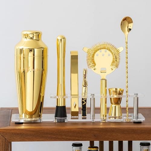 Btuqbu Cocktail Shaker Set with Arcylic Stand, Mixology Bartender Kit for Drink Mixing | Mixology Set with 7 Bar Set Tools Cocktail Kit (Gold) - GOLD - Plastic thumbnail 9