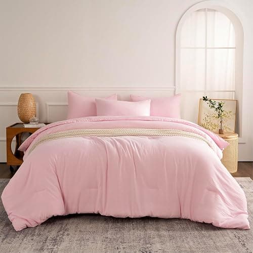 TISPLR Pink Comforter Set Queen 3 Pieces Soft Bedding Bright Comforter Queen Light Pink Style Lightweight Comforter Set for All Seasons 1 Comforter and 2 Pillowcases thumbnail 2