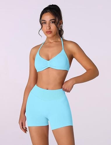 ABOCIW Womens Seamless Workout Sets 2 Piece Strappy Halter Sports Bra Scrunch Butt Shorts Gym Yoga Outfits thumbnail 3