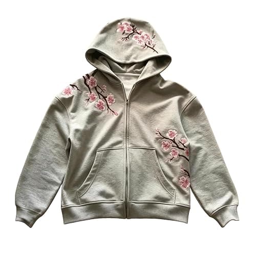 YELLOOP Y2k Cherry Blossom Zip Up Hoodie Women Men Fall Baggy Alt Embroidered Sweatshirt - Image 1