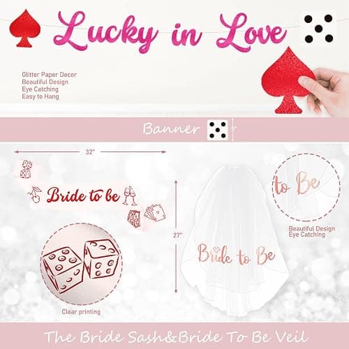 Hombae Lucky In Love Bachelorette Decorations, 117 PCs - Vegas Bachelorette Party Supplies with Cherry and Poker Backdrop, Balloon Garland, Bride to Be Veil, Sash, Dice Foil Balloons thumbnail 3