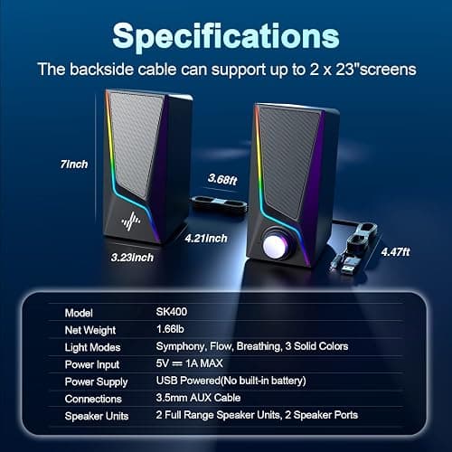 Nylavee Computer Speakers, PC Speakers with 6 Lighting Modes, USB Powered Computer Speakers for Desktop PC with 2 Bass-Boost Ports, 2 Speaker Units, and 3.5mm Aux-in for PC, Laptop, Monitor, Gaming thumbnail 6